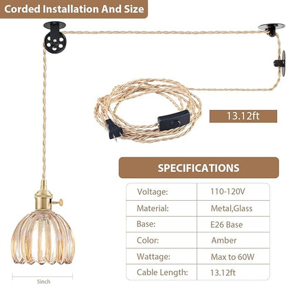2 Pack Plug in Pendant Light Fixtures, Hanging Light Fixture Vintage Glass Pendant Light, Mini Amber Tulip Hanging Lamp, Pendant Lighting for Kitchen Island, Bedroom, Dining Room, Living Room