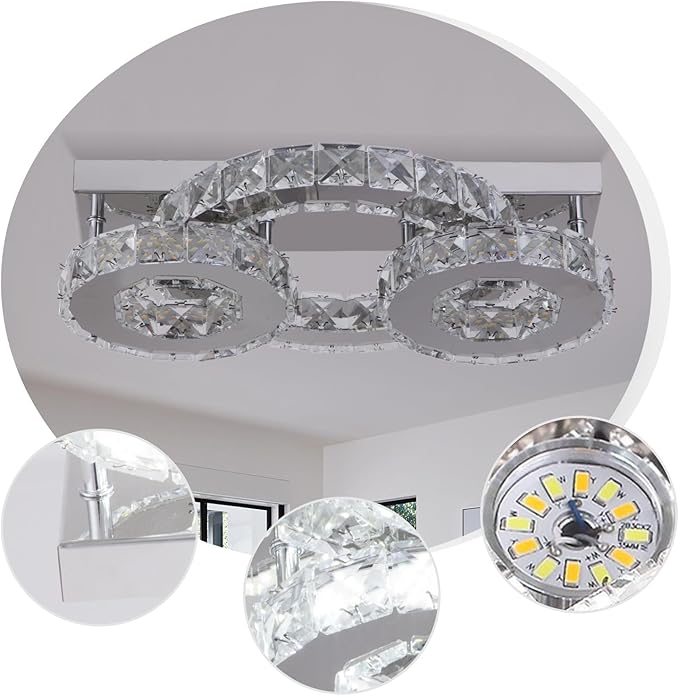 Dimmable Crystal Chandelier Modern Crystal Ceiling Light 3 Rings LED Flush Mount Celiling Light Fixture for Dining Room Bedroom Living Room