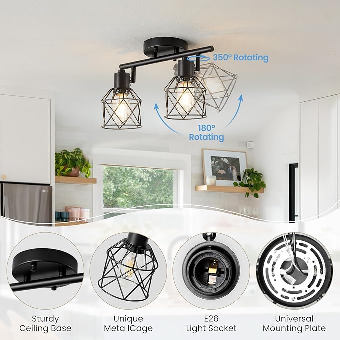 2-Lights Kitchen Track Lighting, Adjustable Multi-Directional Ceiling Light Fixtures, Rotatable Farmhouse Light Fixtures Mount with Metal Cage for Dining Room, Living Room, Bedroom, E26 Base