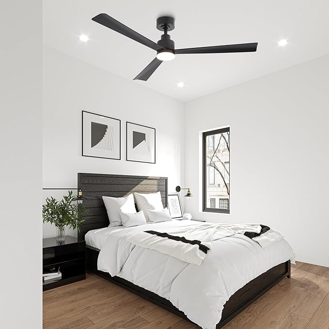 52" Black Ceiling Fan with Light and Remote, Modern 3-Blade DC Motor Ceiling Fan, Quiet Reversible Airflow, 6-Speed LED, Use for Bedroom Living Room Kitchen Indoor Use