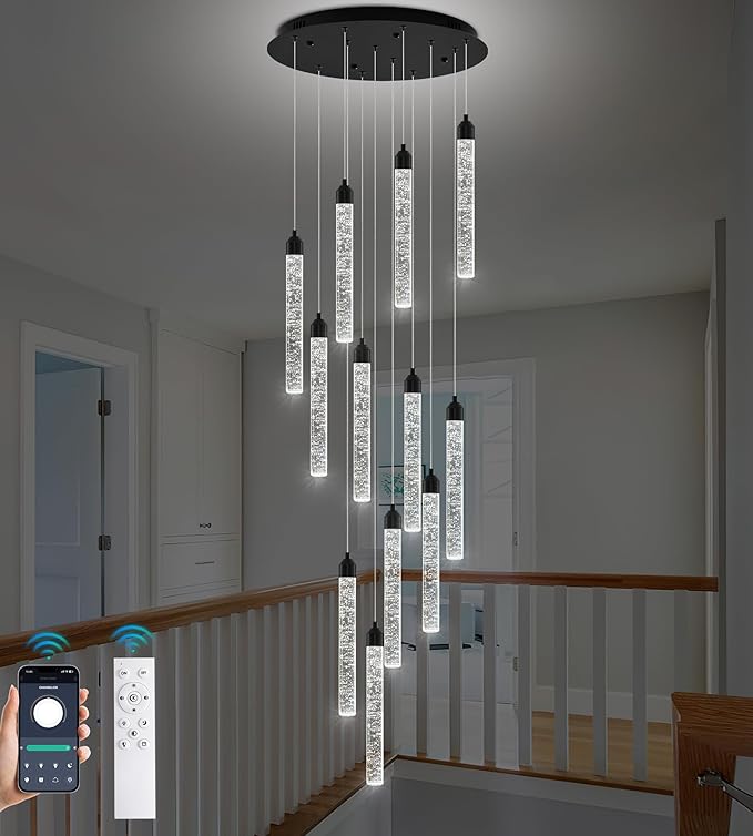 Crystal Staircase Chandelier, Modern Black Large Spiral Dimmable LED Cluster Raindrop Foyer Chandelier Lighting, Bubble Living Room Hanging Light Fixture 12 Light Remote Control