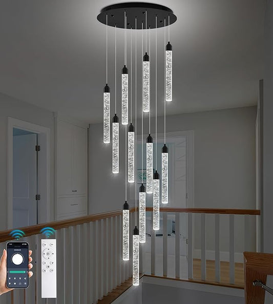 Crystal Staircase Chandelier, Modern Black Large Spiral Dimmable LED Cluster Raindrop Foyer Chandelier Lighting, Bubble Living Room Hanging Light Fixture 12 Light Remote Control