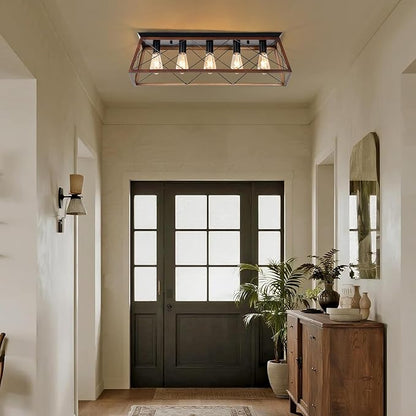 31.5" Flush Mount Ceiling Light, 5-Light Industrial Vintage Chandelier with Matte Black & Brushed Bronze Finish, Large Close to Ceiling Lighting for Dining Room, Kitchen Island, Living Room, Hallway