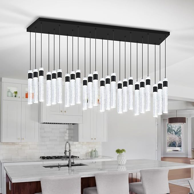 Glam Rectangular Crystal Column Chandelier for High Ceiling 24-Lights Black LED Dimmable Long Crystal Chandelier for Foyer Living Room Adjustable Height