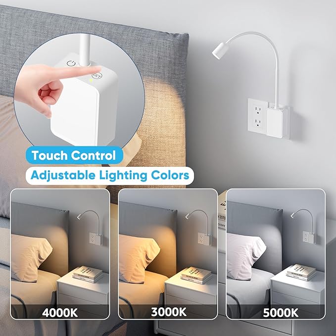 Plug in Dimmable LED Wall Reading Night Light for Books in Bed, Flexible White Wall Sconce Lamp with Power Plug for Bedroom Kitchen, 3 Lighting Color Modes, 50° Spot Light Angle