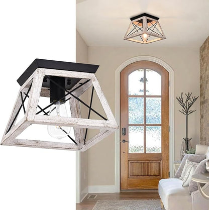 Luupyia 9.84Inches Farmhouse Ceiling Light Fixture Semi Flush Mount, White Square Farmhouse Ceiling Light, Rustic Metal Island Overhead Lighting Fixtures for Dining Room Entryway Living Room, E26