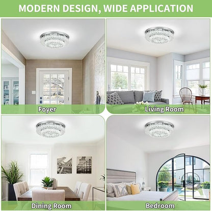 HOPGGIE 18 Inch Crystal Chandelier with Remote Control 2 Tier Flush Mount Ceiling Light Fixture LED Chandelier Light for Living Room Bedroom Dining Room Closet (dimmable)