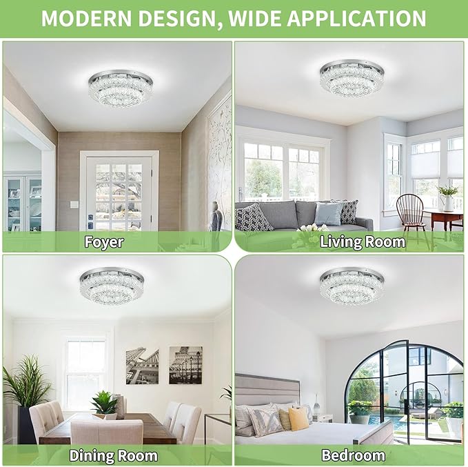 HOPGGIE 18“ Crystal Chandelier 2-Layer Ceiling Light Fixture Flush Mount LED Large Chandelier Light for Living Room Dining Room Bedroom (Cool White)