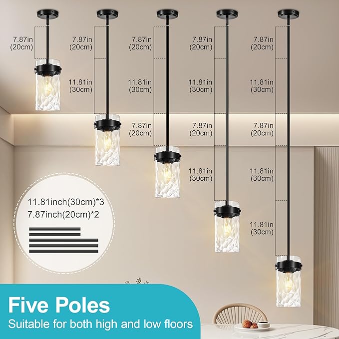 4.72" Hammered Glass Pendant Lighting for Kitchen Island 1 Pack, Modern Black Pendant Light Fixtures, Adjustable Ceiling Pendant Light for Kitchen Island Dining Room Bedroom Hallway