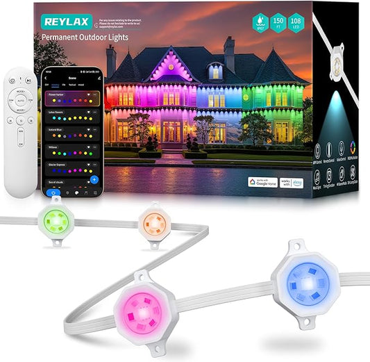 REYLAX Permanent Outdoor Lights Pro, 150ft with 108 Triple-LED 135lm, RGB+IC Smart Eaves Christmas Lights for House, IP67 Waterproof, Multi Scenes for Outdoor Decor, Works with Alexa, Google, Remote