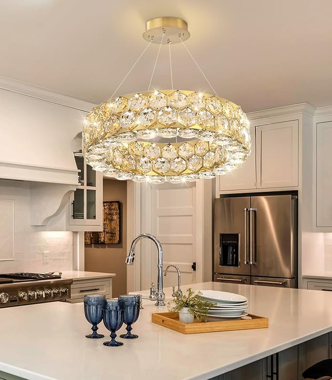 Crystal Chandeliers Modern Rings Pendant Light LED Dimmable Ceiling Light for Bedroom Dinning Room Kitchen Gold