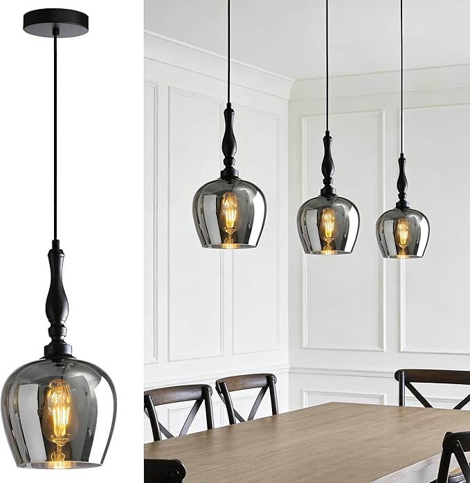 Modern Pendant Light Kitchen Island, Boho Chandelier, 7.87" Bell Shape Hanging Lamp Ceiling Lighting Fixture with Glass Lampshade (Smoke Grey)