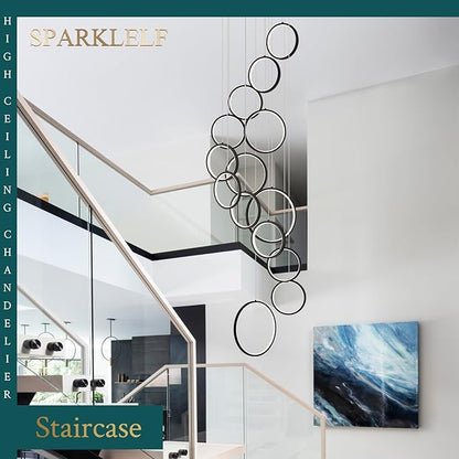 14 Rings Modern LED Chandelier for High Ceiling Dimmable Black Contemporary Foyer Long Chandelier for Entryway, Long Pendant Light Fixture Staircase Dining Living Room, 3000-6500K