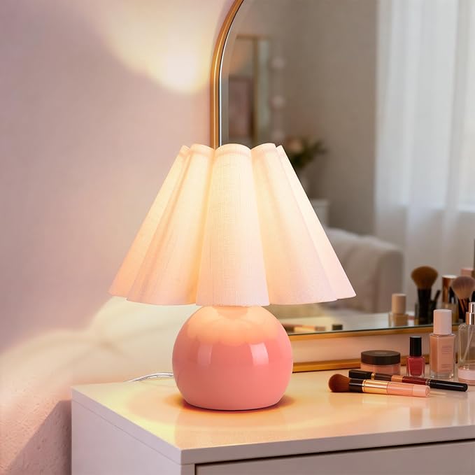 Pink Small Bedside Mini Table Lamp for Bedroom, Cute Bedroom Lamps for Nightstand, Cute Mini Table Lamps for Small Spaces with Scalloped Shade for Kitchen Counter, Bookshelf, Kids Dorm, Home Office