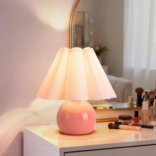 Pink Small Bedside Mini Table Lamp for Bedroom, Cute Bedroom Lamps for Nightstand, Cute Mini Table Lamps for Small Spaces with Scalloped Shade for Kitchen Counter, Bookshelf, Kids Dorm, Home Office