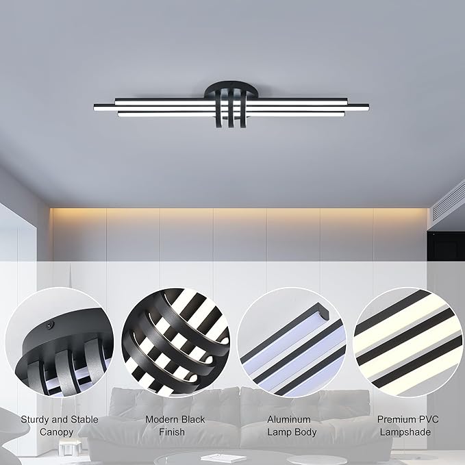 Garwarm Modern Ceiling Light Fixture,39.4 Inch Black Kitchen Lights Ceiling, Linear Dimmable LED Chandelier Remote Control for Dining Room Living Room Bedroom
