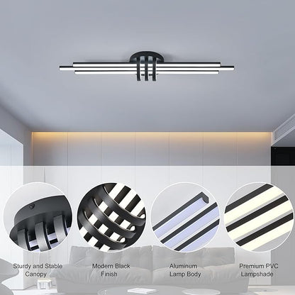 Garwarm Modern Ceiling Light Fixture,39.4 Inch Black Kitchen Lights Ceiling, Linear Dimmable LED Chandelier Remote Control for Dining Room Living Room Bedroom