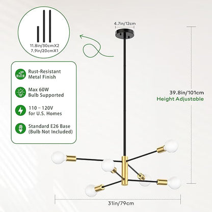 Modern Sputnik Chandeliers for Dining Room, Height Adjustable Semi Flush Black and Gold Chandelier Ceiling Mount Light Fixture 6-Light Mid Century for Living Room, Kitchen Island, Bedroom