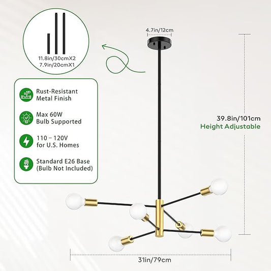 Modern Sputnik Chandeliers for Dining Room, Height Adjustable Semi Flush Black and Gold Chandelier Ceiling Mount Light Fixture 6-Light Mid Century for Living Room, Kitchen Island, Bedroom