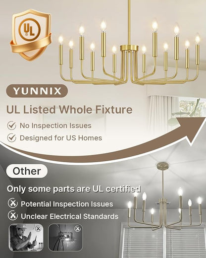 Yunnix 12-Light Gold Chandelier, 35" Extra Large Modern Gold Chandelier Brushed Gold Chandelier Light Fixture - Gold Farmhouse Chandelier for Dining Room, Living Room, Kitchen Island, Hall, Foyer