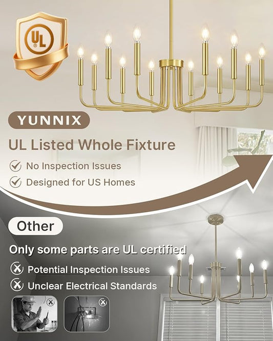 Yunnix 12-Light Gold Chandelier, 35" Extra Large Modern Gold Chandelier Brushed Gold Chandelier Light Fixture - Gold Farmhouse Chandelier for Dining Room, Living Room, Kitchen Island, Hall, Foyer