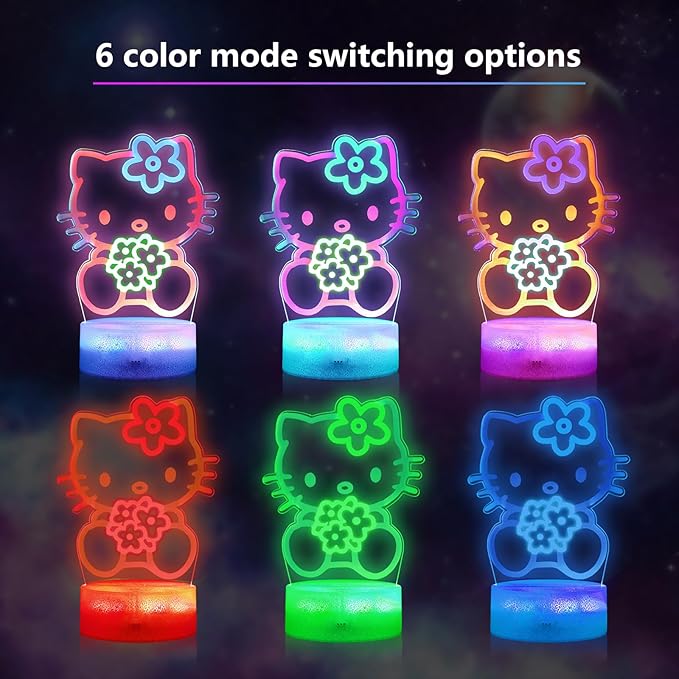 Cat Night Light for Kids, Anime Kitty Lamp with Timer, Remote Control, Changing Colors, Dimmable Acrylic LED Light for Christmas Birthday, Unique Gifts for Girls Boys Nursery Baby