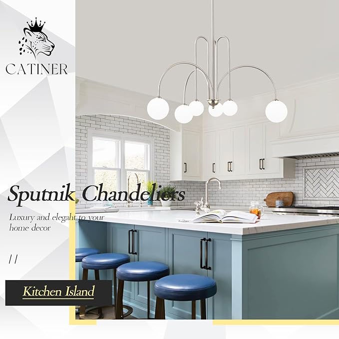 Brushed Nickel Sputnik Chandelier,Modern 6 Lights Chandelier Large L40”Mid Century Long Ceiling Pendant Light Fixtures for Dining Room with Milk Glass Globe Shades for High Ceiling Foyer Living Room