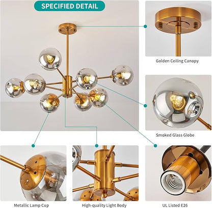 DDLLDESHI Gold Chandelier 8 Head Dining Room Light Fixture, Sliver Glass Globe Shade Kitchen Lights Modern Chandeliers (Ceiling Hanging Lighting Fixtures with Sputnik Pendant)