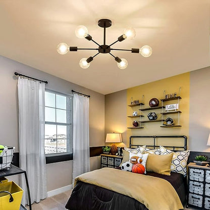 UOFUS Sputnik 6 Light Chandelier Black Mid Century Ceiling Light Fixture Modern Pendant Lighting for Kitchen Dining Room Living Room Bedroom