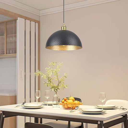 Black Farmhouse Pendant Light with Hammered Metal Shade Vintage Dome Pendant Light Adjustable Hanging Lighting fixtures for Kitchen Island Dining Room Hallway and Bar
