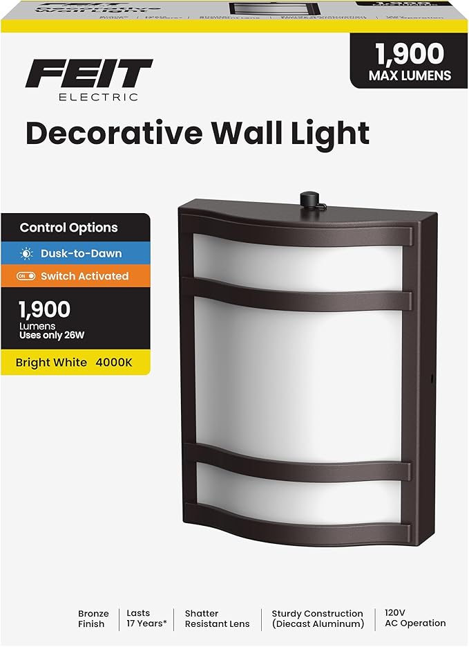 Feit Electric Decorative Outdoor Wall Light, 1900 Lumens, 4000K Bright White, Dusk-to-Dawn Photocell Sensor, Weather-Resistant LED Exterior Wall Sconce, Half-Moon Design, S10.5WM/840/BZ