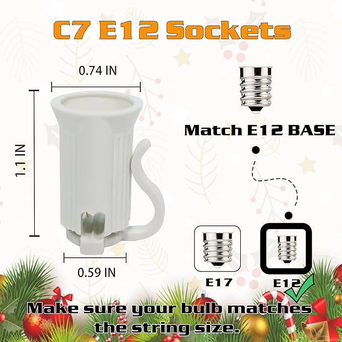 50FT C7 Light String Christmas Stringer, E12 Christmas Sockets 12" Spacing, C7 Stringer Set Green Outdoor String Light for Wedding Patio Event Lighting Decor, White Wire