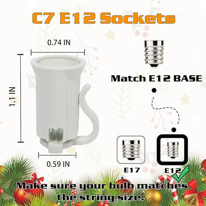 25FT C7 Light String Christmas Stringer, E12 Christmas Sockets 12" Spacing, C7 Stringer Set Green Outdoor String Light for Wedding Patio Event Lighting Decor, White Wire