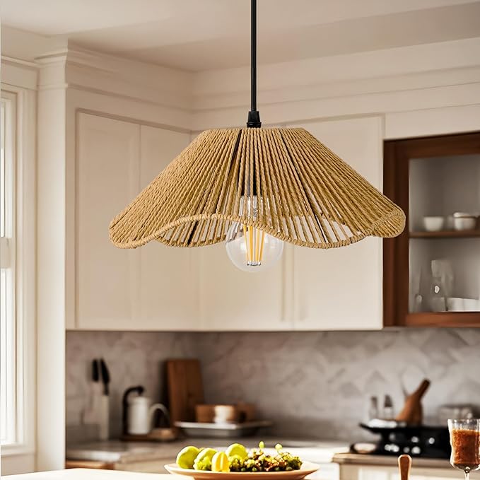 Bobo 3 Light Pendant Light, Hard Wired Hanging Chandelier with 12” Flower Paper Rope Rattern Shade,Suspended Lighting Fixture for for Kitchen Island Dining Bedroom Living Room Restaurants