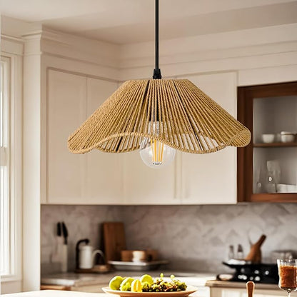 Bobo 3 Light Pendant Light, Hard Wired Hanging Chandelier with 12” Flower Paper Rope Rattern Shade,Suspended Lighting Fixture for for Kitchen Island Dining Bedroom Living Room Restaurants