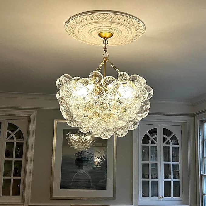 Longree Nordic Bubble Ball Swirled Glass Chandelier, Diam 31" Gild Gold and Clear Modern Hand Blown Glass Pendant Light Fixture for Dining Room, Bedroom, Study, Restaurant, Hallway