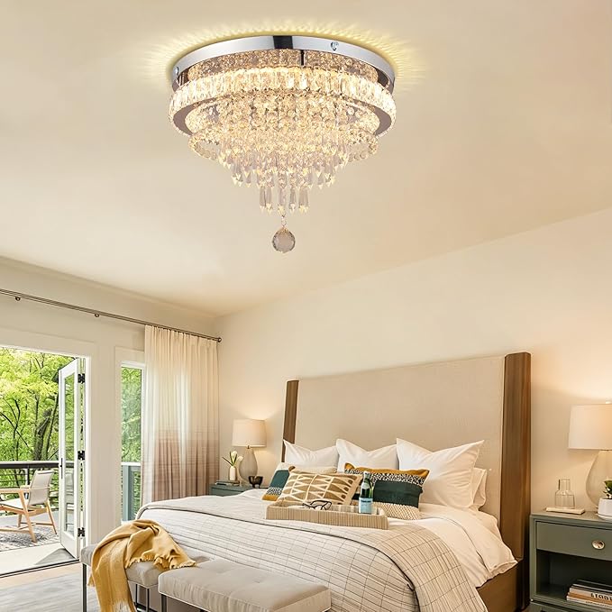 FRIXCHUR 19.7" Modern Crystal Chandelier Ceiling Light LED Chandeliers Flush Mount Ceiling Light Fixture for Bedrooms Living Dining Room Lights 2700K Warm White