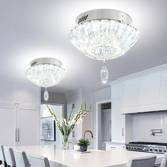 Silver 12'' LED Mini Crystal Chandelier Dimmable Flush Mount Ceiling Light for Hallway Modern Living Room Bedroom Dining Room Foyer