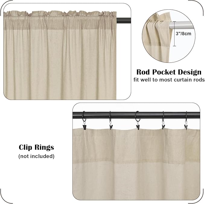 FRAMICS Farmhouse Swag Curtain, Boho Cotton Linen Valance Curtain, Rustic Button Window Valance for Kitchen, Country Rod Pocket Valances for Windows Bathroom Bedroom, Linen and White, 52 x 36 Inch