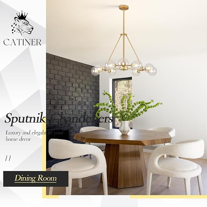 CATINER L40”Sputnik Chandeliers 9-Lights Modern Gold Chandelier Mid Century Ceiling Pendant Light Fixtures with Clear Glass Globe Shades for Kitchen Bedroom Living Dining Room Foyer Entryway