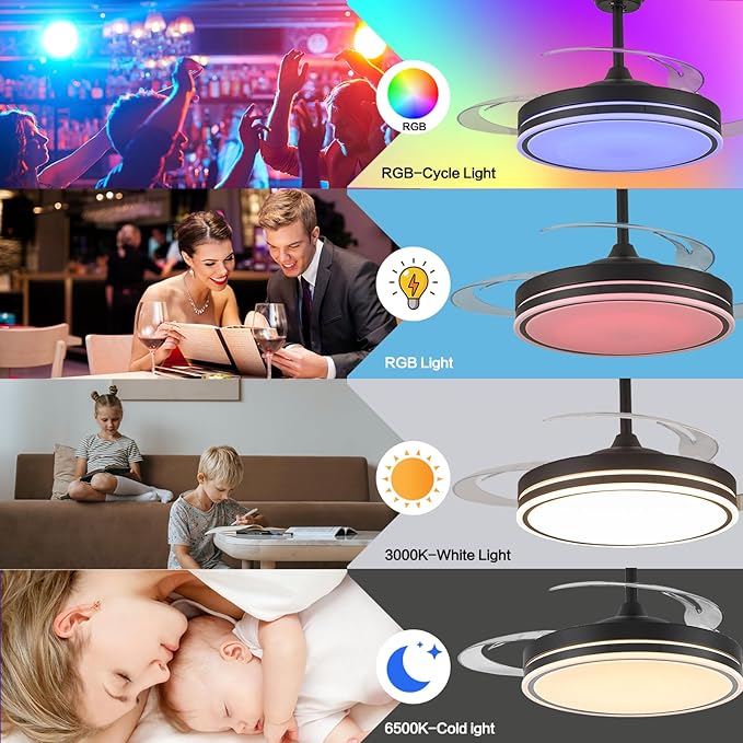 48" Retractable RGB Ceiling Fan with Light, Build-in Speaker Modern Fandelier 6 Speeds Retractable Blades Dimmable Chandelier Ceiling Fan with Remote App Control Memory Timer Black