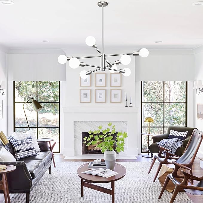 Sputnik Chandeliers Dining Room Light Fixture (8-Light, 30-Inch), Modern Brushed Nickel Chandelier, Height Adjustable Mid Century Modern Chandeliers for Dining Room Kitchen Island (Bulbs Not Included)