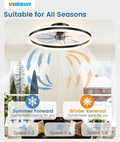VOLISUN Low Profile Ceiling Fans with Lights and Remote, 27.6in Flush Mount Ceiling Fans with Light, 3000K-6500K Dimmable Fandelier LED Fan Light, Black Bladeless Ceiling Fans with Lights for Bedroom