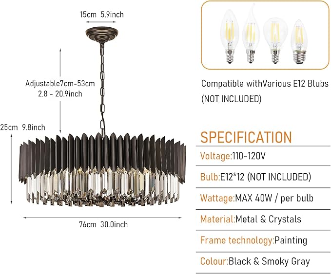 12-Light Large Crystal Chandeliers 30" Dining Room Light Fixture 6 Tiers Flush Mount Smoke Gray and Black Crystal Chandelier Round Pendant Light for Kitchen Living Room Entryway Foyer