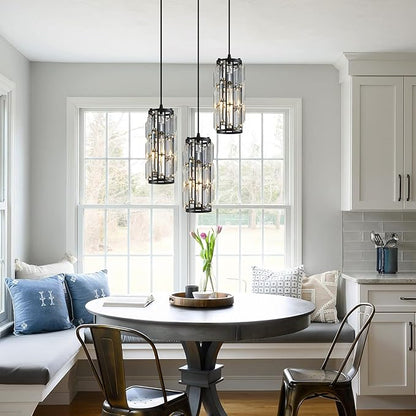 Black Pendant Lighting Modern Pendant Lighti，Pendant Lights Kitchen Island Crystal Pendant Light Fixture，Mini Crystal Chandeliers for Kitchen, Dining Room and Bedroom (3 Pack)