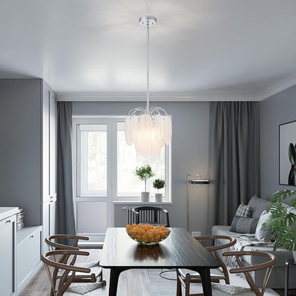 LumFurn D12 inch Glass Chandeliers, 3-Light Modern Pendant Light Fixture for Dining Room, Living Room, D12x18~47 in(Adjustable Height), White Frosted Glass Feather Shade & Silver Finish Frame
