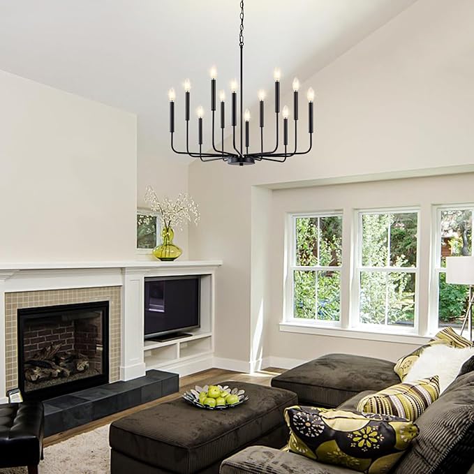 Modern Black Chandelier for Dining Room,Metal 12-Light Kitchen Light Fixtures, Farmhouse Candle Hanging Pendant Light for Living Room Entryway Foyer Bedroom (Bulbs Not Included)