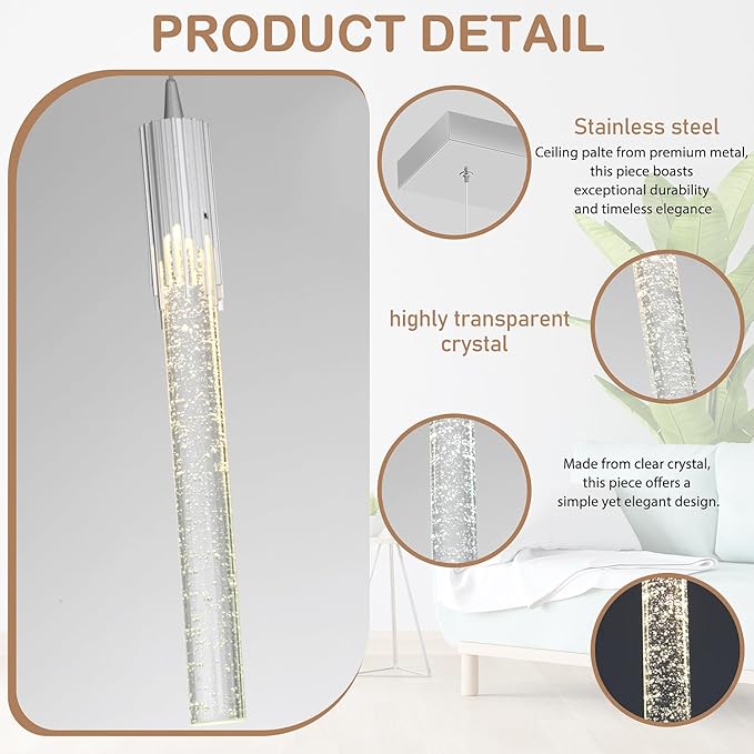 Flashing God 5-Lights Rectangular Pendant Lights for Kitchen Island Chrome Linear Crystal Chandelier Modern Chandeliers for Kitchen Island Dining Room