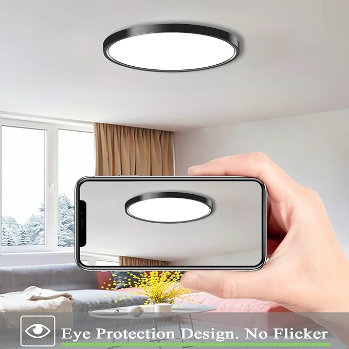 Flush Mount Ceiling Light, 12 Inch Round Black Modern LED Ceiling Light, 28W 3000K/4500K/6500K Switchable, Bedroom, Kitchen, Living Room, Dining Room
