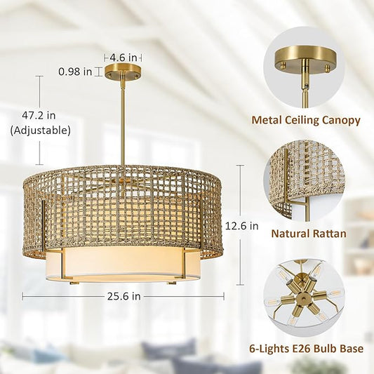 25.6" Large Rattan Chandelier, 6-Light Boho Rustic Pendant Light with Fabric Shade, Hand Woven Wicker Hanging Ceiling Light Fixture for Dining Room, Living Room, Kitchen Island, Bedroom, Foyer